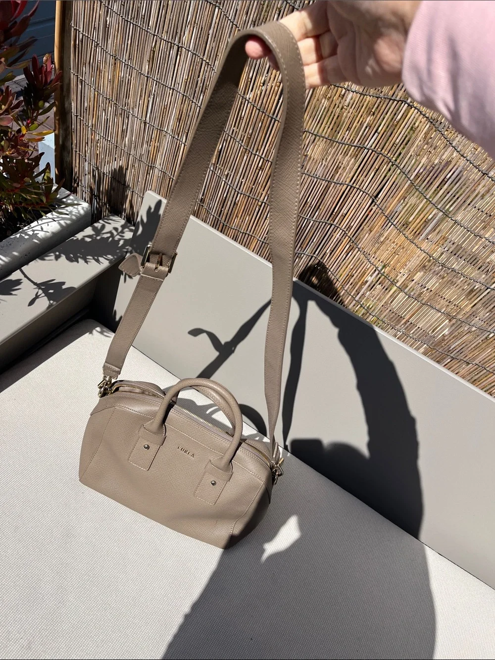Furla Taupe Saffiano Leather Dome Satchel with Strap